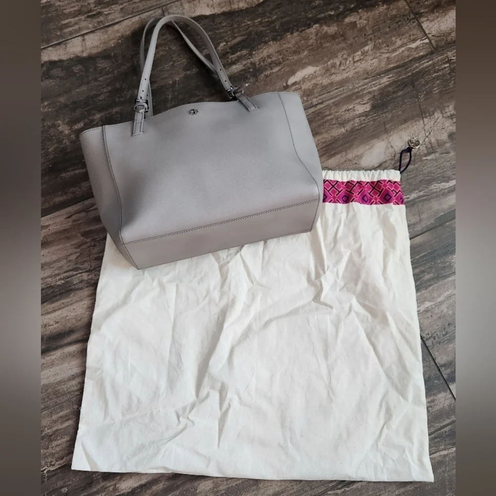 Tory Burch Light Grey Saffiano Leather Tote Bag